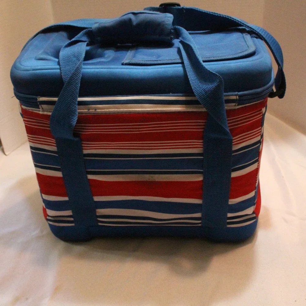 Target Blue Red Striped Insulated Lunch Cooler Bag Drink Holders Picnic Travel‎